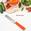 Stainless steel kitchen knife, features non-slip handle and blade cover for safety.