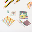 Cartoon stationery box with book, pen, eraser, and more