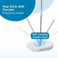 Plastic spin mop with larger wheels and auto-fold handle for 360-degree cleaning, various angles.