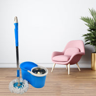 Floor cleaning mop with steel pole and spinning action.