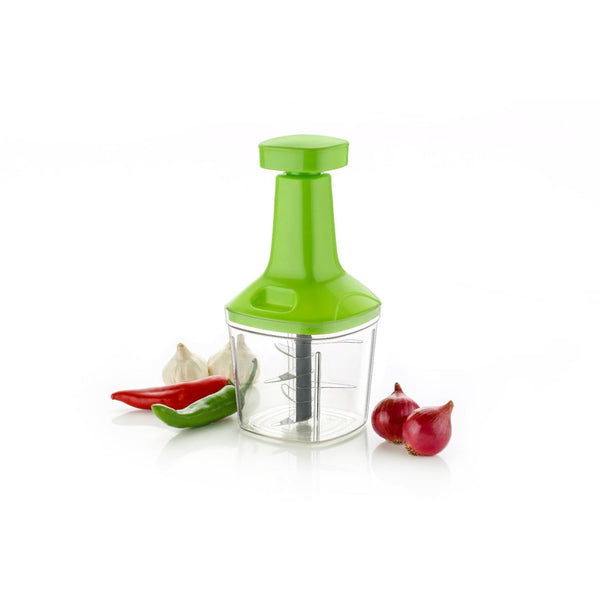 Push N Chop 1100 ML vegetable chopper showing multiple blades and compact design