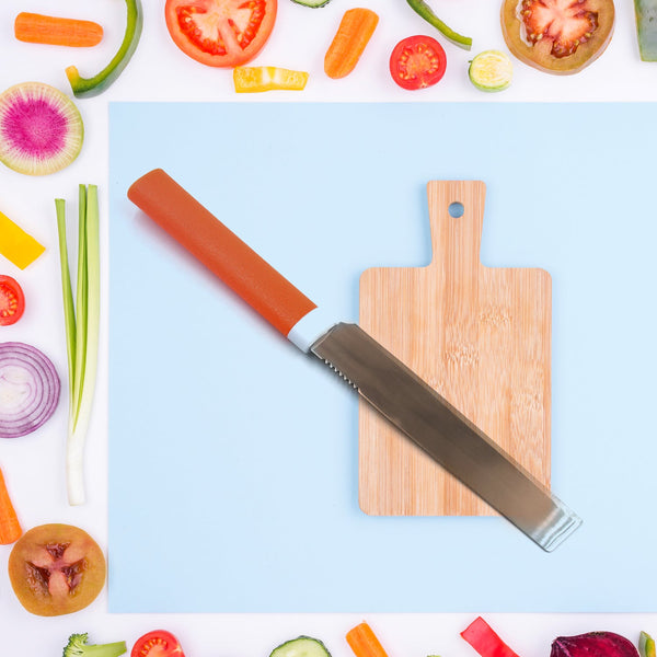 Stainless steel kitchen knife with non-slip handle and blade cover.