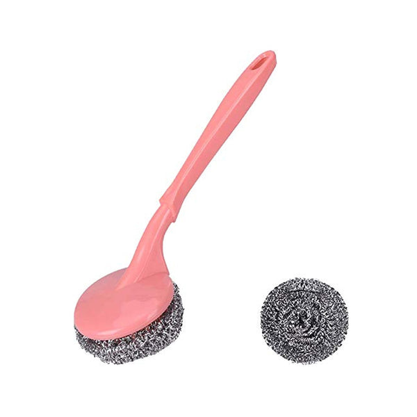 Scrubber with handle for kitchen cleaning, suitable for hard stains.