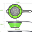 Red collapsible colander draining water from vegetables