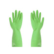 Green rubber gloves designed for cleaning purposes.