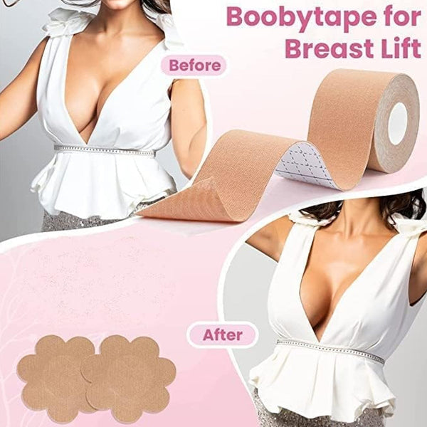 Boob Tape with Nipple Covers: Cotton, Breathable, Lift & Support (5m, 10 Pairs)