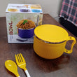 Set of colorful bowls with handles and lids, perfect for breakfast, fruits, ramen, and snacks. Dishwasher safe.