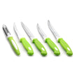 Multipurpose knife and peeler set with stylish stand.