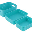 Smart baskets in sky blue for organized storage.