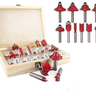 Set of 12/15 milling cutter router bits, showing various shapes and sizes.