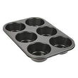 Reliable muffin cup tray with non-stick surface, 6 slots.