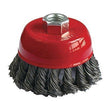 Black wire wheel brush for cleaning metal surfaces.