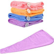 Soft microfiber hair-drying towel, turban style for quick drying.