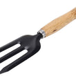 Steel hand weeding fork with black handle.