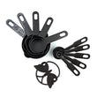 Set of black plastic measuring cups and spoons, featuring a butterfly-shaped holder for organization