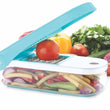 Plastic vegetable dicer by Ganesh, 7-in-1, blue color, shown from different perspectives.