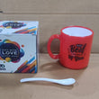 Coffee mug with unique design, includes spoon and box