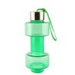 Portable dumbbell-shaped water bottle with a steel cap for fitness and hydration.