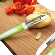 Durable stainless steel knife set with peeler and stand.