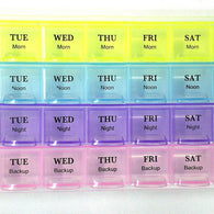 4-row weekly pill case organizer with 28 compartments for daily medicine storage.