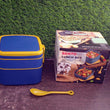 Blue portable lunch box with spoon and carrying handle