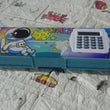 Double-sided plastic pencil box with calculator and art supplies