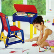 High-quality plastic study table and chair set in pink, includes a small box for pencils.