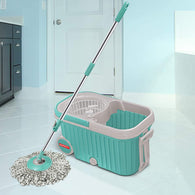 Spin mop with bigger wheels and plastic auto-fold handle, shown from various angles.