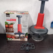 Compact hand press chopper with matte finish, 3 blades, full view