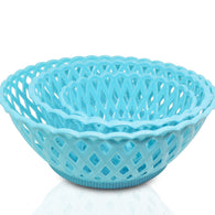 Set of three round plastic baskets for storage and organization.