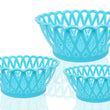 Set of three round plastic storage baskets for various uses.