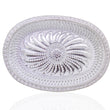 Oval silver serving tray with royal design for upscale presentation.