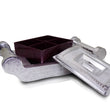 Decorative silver storage box with four sections for organizing.