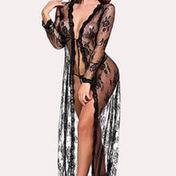 Floral Lace-Trimmed Black Transparent Robe