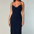 Navy Satin Cowl Neck Midi Dress