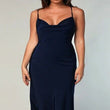 Navy Satin Cowl Neck Midi Dress