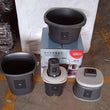 6-piece plastic bathroom accessories set with bucket, dustbin, mug, stool, soap case, and tub, different views.