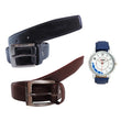 Two Pin Buckle Leather Belts & Lotto Blue Watch Combo