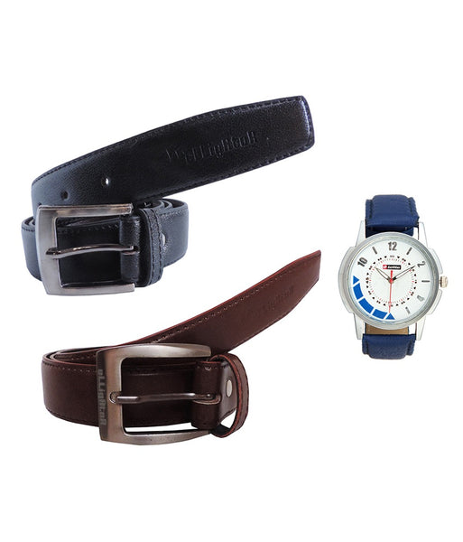 Two Pin Buckle Leather Belts & Lotto Blue Watch Combo