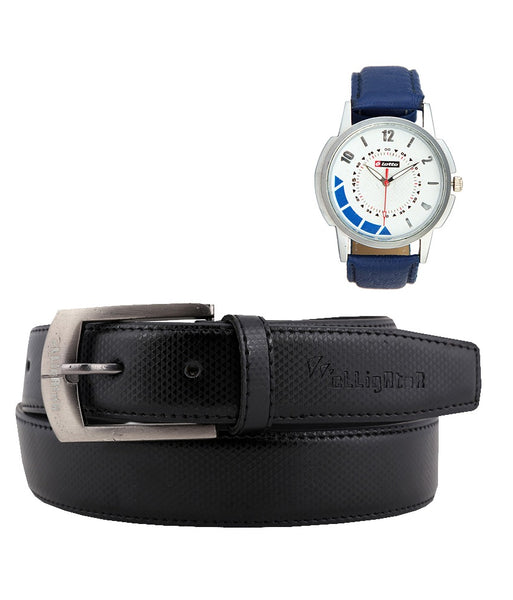 Pin Buckle Leather Belt & Lotto Blue Watch Combo