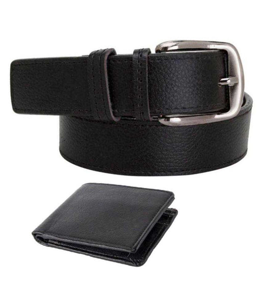 Black Leather Belt With Wallet For Men - Set of 2