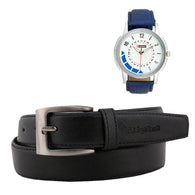 Leather Belt & Blue Watch Combo