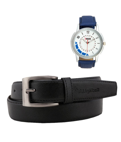 Leather Belt & Blue Watch Combo