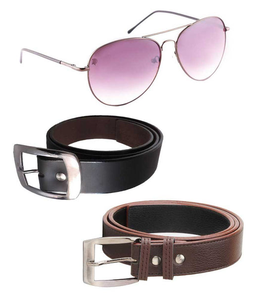 Brown Leather Belt For Men Pack Of 2 With Sunglasses