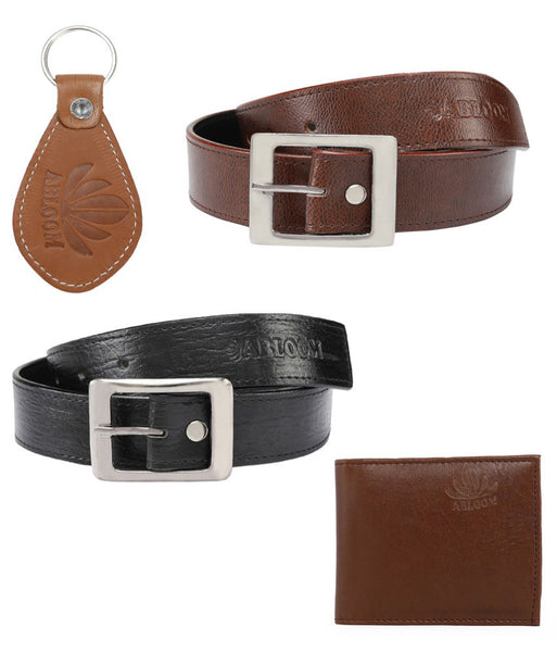 Combo of Black and Brown 2 Leather Belts for Men, Wallet and Key Chain