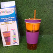 Travel-friendly cup with integrated snack holder, ideal for combining snacks and drinks.