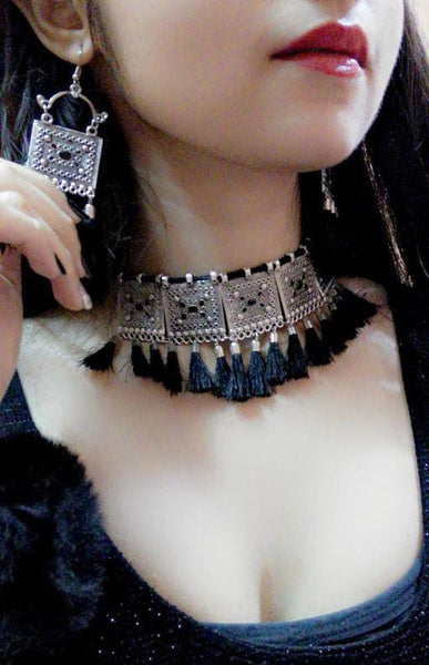 Black Handcrafted Oxidised Silver Choker Set