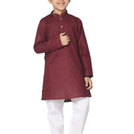 Boys Solid Plain Maroon Cotton Kurta