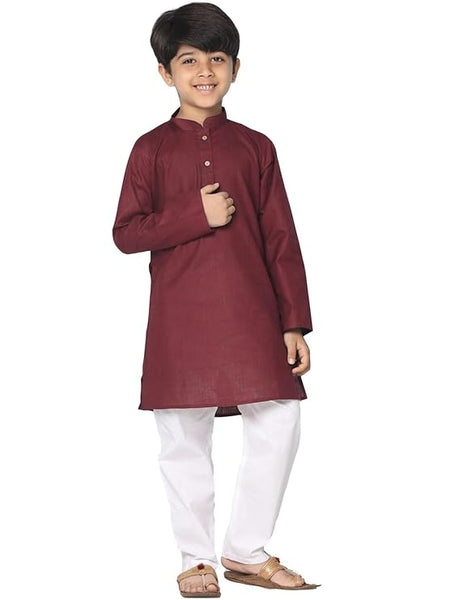 Boys Solid Plain Maroon Cotton Kurta