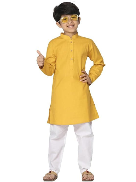 Boys Solid Plain Yellow Cotton Kurta